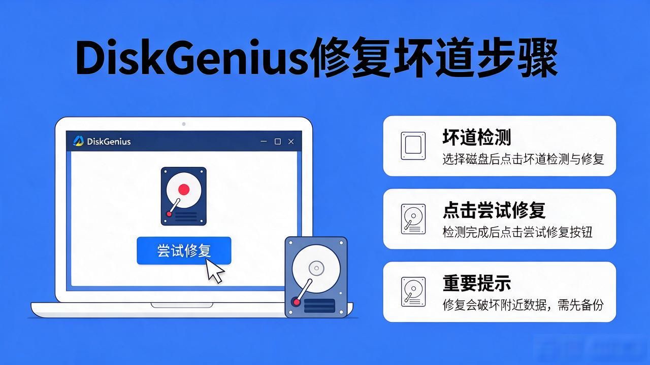 硬盘坏道检测工具怎么用？DiskGenius修复步骤很简单
