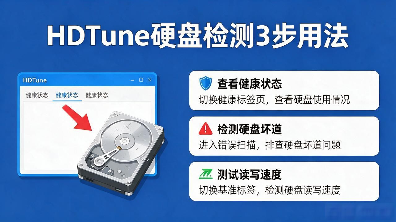 HDTune硬盘检测工具怎么用？3步教你查速度测坏道防坑